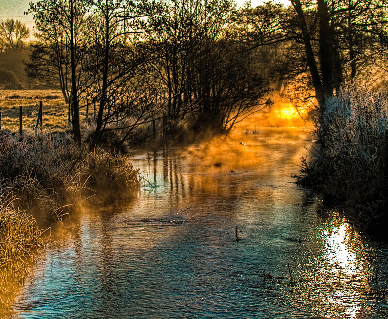 River at Sunrise — Orange, Serene, Photograph, Trees, Fog