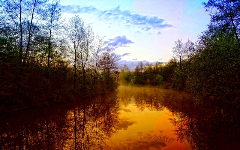 River at Sunrise — Orange, Serene, Photograph, Trees, Mist