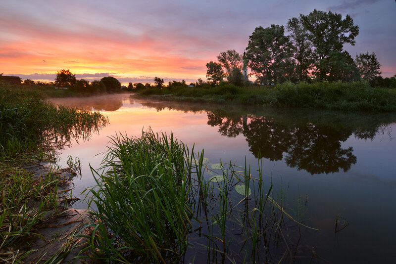 River at Sunrise — Orange, Serene, Photograph, Trees, Sky