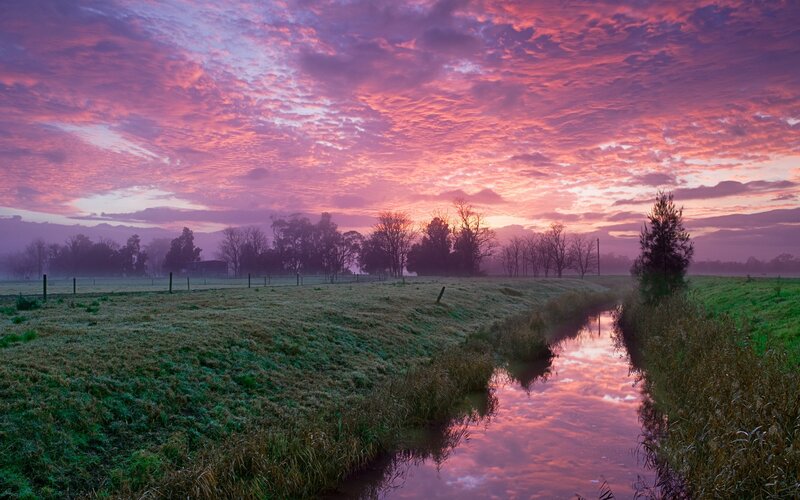 River at Sunrise — Pink, Serene, Photograph, Sky