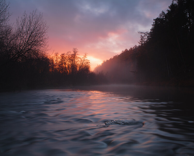 River at Sunrise — Pink, Serene, Photograph