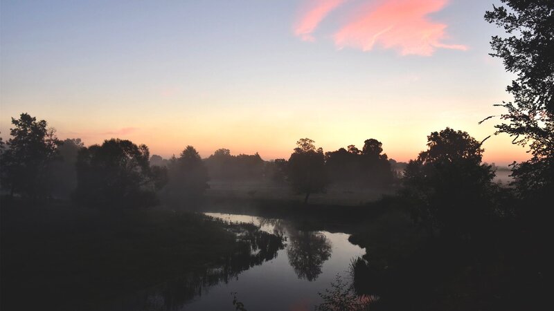 River at Sunrise — Pink, Serene, Photograph, Trees