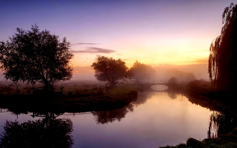 River at Sunrise — Purple, Serene, Photograph, Trees, Bridge, Fog