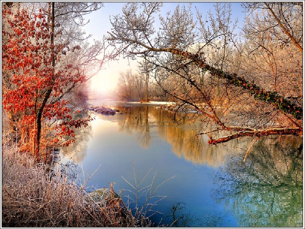 River at sunrise with autumn trees