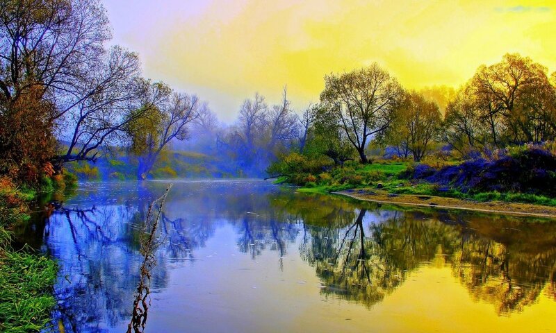 River at Sunrise — Yellow, Serene, Digital Art