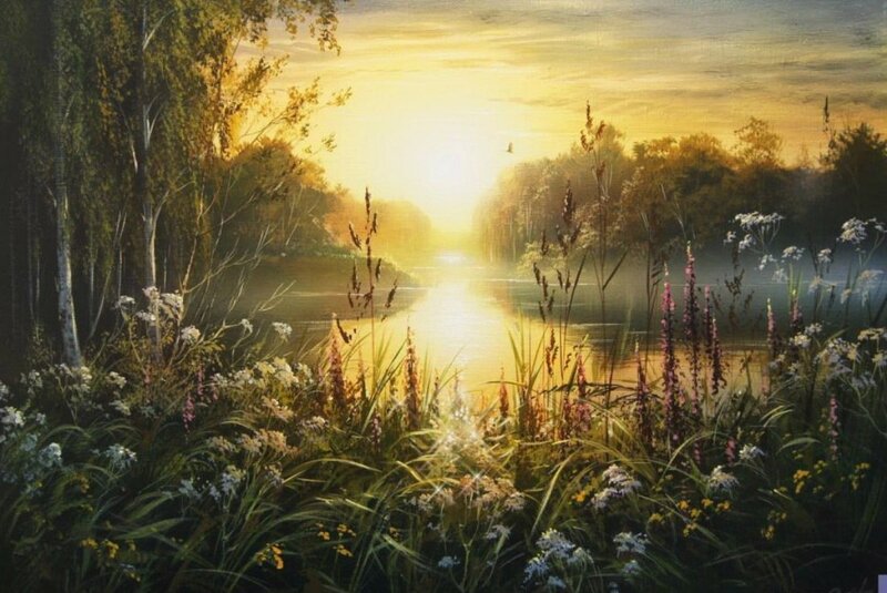 River at Sunrise — Yellow, Serene, Painting