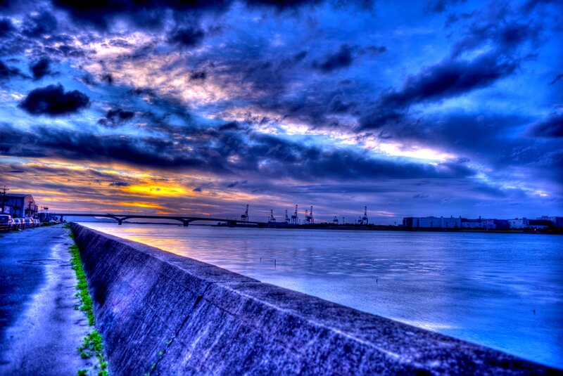 River at Sunset — Blue, Dramatic, Photograph, Bridge