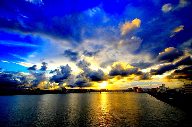 River at Sunset — Blue, Dramatic, Photograph, City Skyline