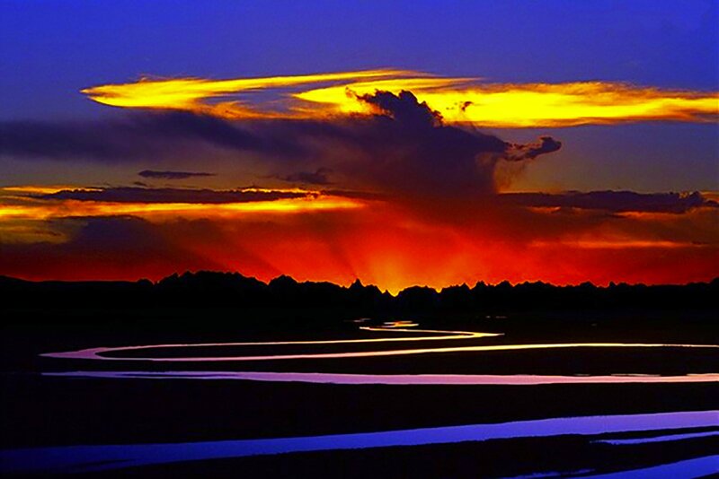 River at Sunset — Blue, Dramatic, Photograph, Clouds, Mountains