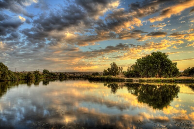River at Sunset — Blue, Dramatic, Photograph, Clouds, Trees