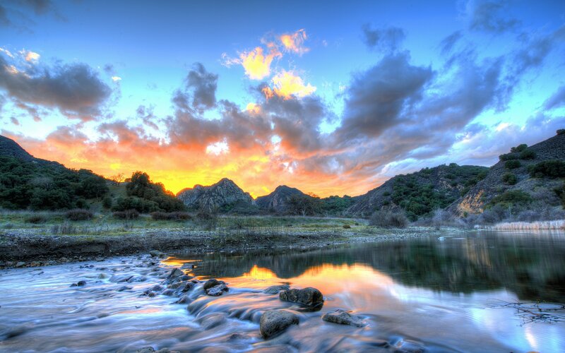 River at Sunset — Blue, Dramatic, Photograph, Mountains, Clouds