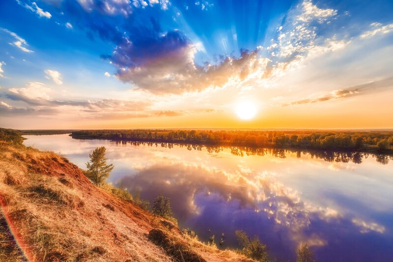 River at Sunset — Blue, Dramatic, Photograph, Sky, Clouds, Trees