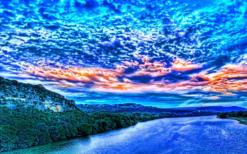 River at Sunset — Blue, Dramatic, Photograph, Sky, Trees, Cliffs