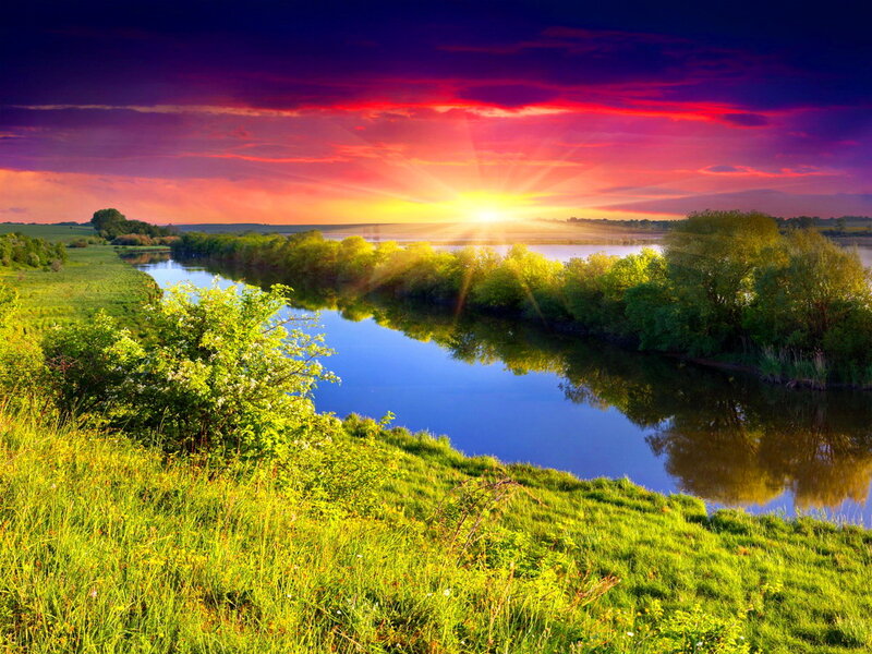 River at Sunset — Blue, Dramatic, Photograph, Sky, Trees