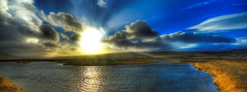River at Sunset — Blue, Dramatic, Photograph, Sun, Clouds, Mountain