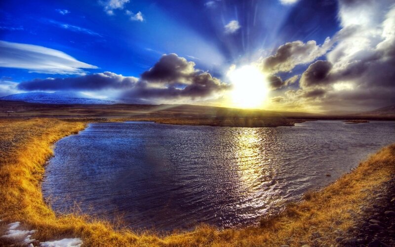 River at Sunset — Blue, Dramatic, Photograph, Sun, Clouds, Mountains, Gold, Brown