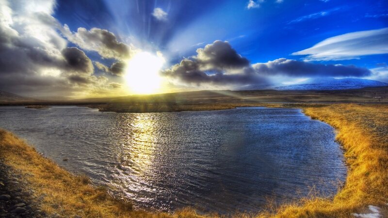 River at Sunset — Blue, Dramatic, Photograph, Sun, Clouds, Mountains, Yellow, Brown