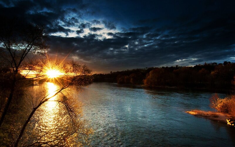 River at Sunset — Blue, Dramatic, Photograph, Sun, Trees, Clouds