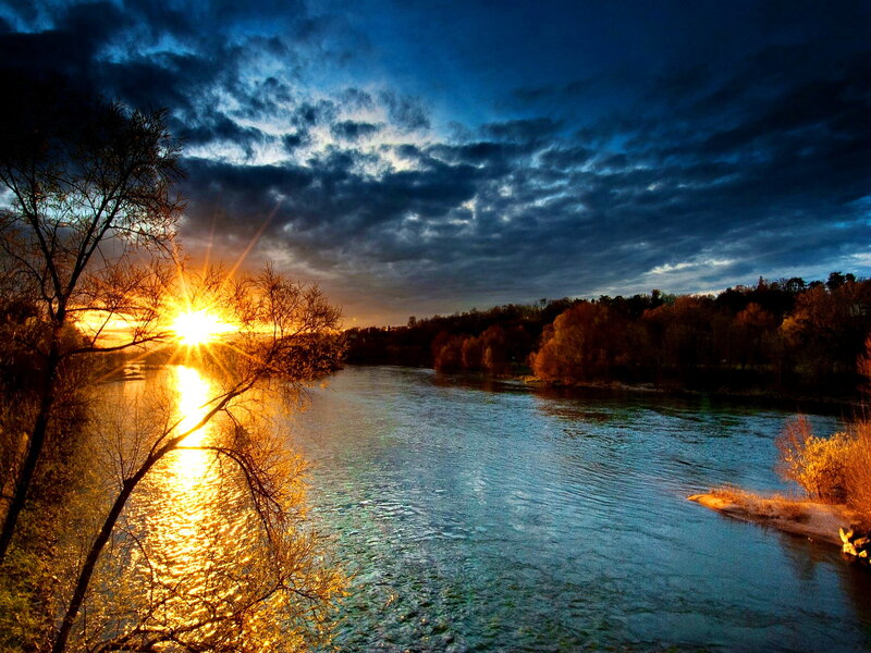 River at Sunset — Blue, Dramatic, Photograph, Sun, Trees