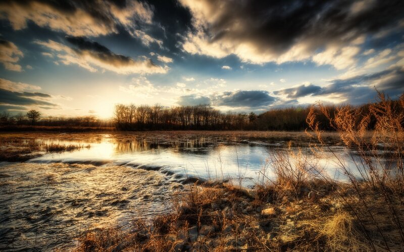 River at Sunset — Blue, Dramatic, Photograph, Trees, Clouds