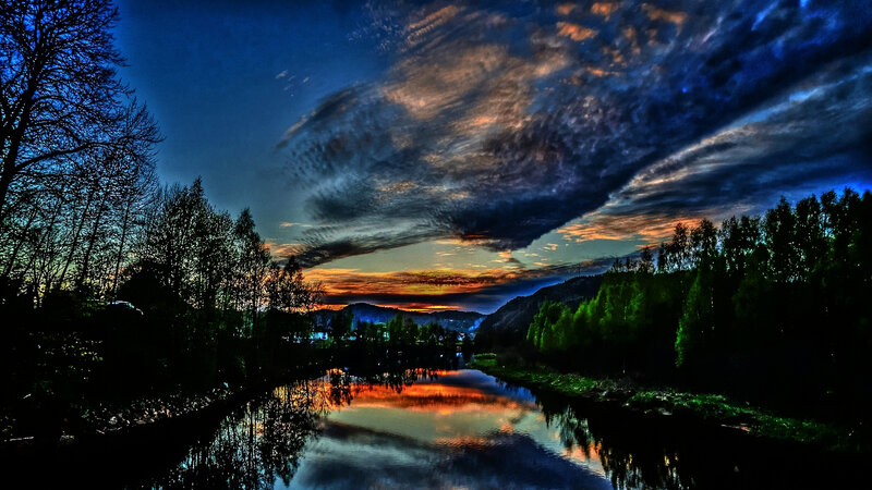 River at Sunset — Blue, Dramatic, Photograph, Trees, Mountains