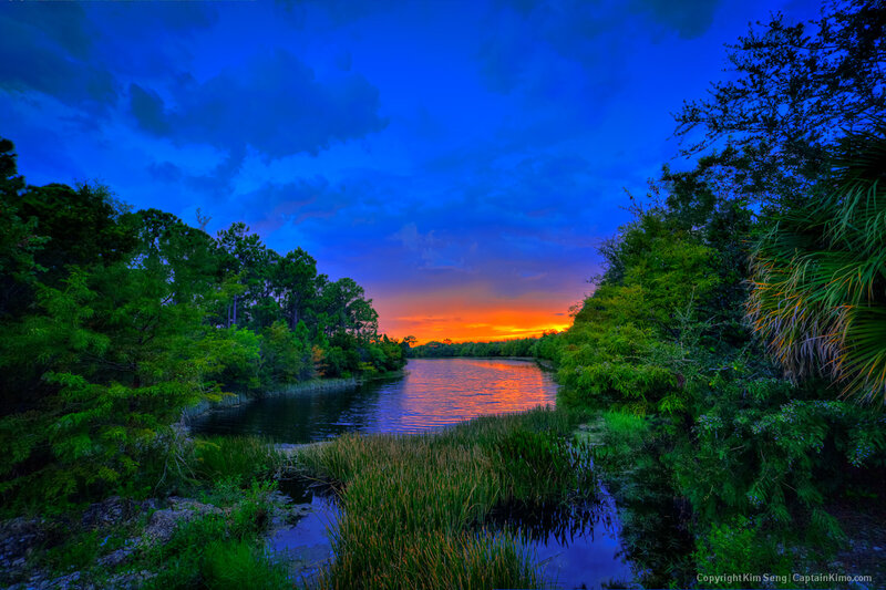 River at Sunset — Blue, Dramatic, Photograph, Trees, Sky