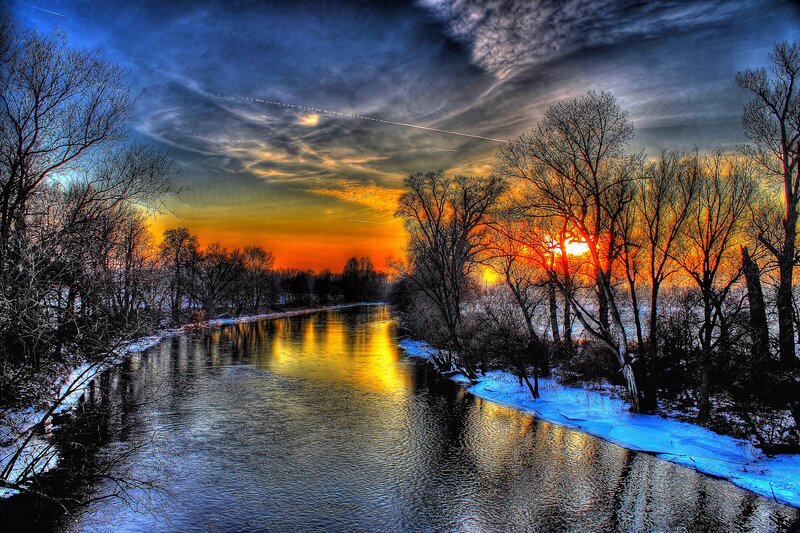 River at Sunset — Blue, Dramatic, Photograph, Trees, Snow