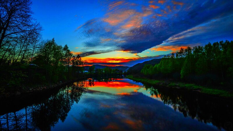 River at Sunset — Blue, Dramatic, Photograph, Trees