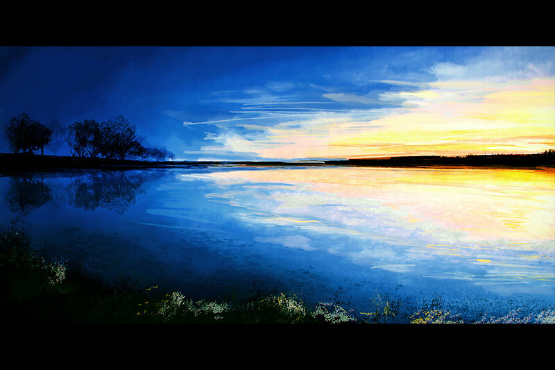 River at Sunset — Blue, Serene, Digital Art