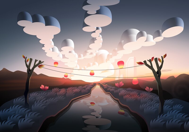 River at Sunset — Blue, Serene, Digital Art, Trees