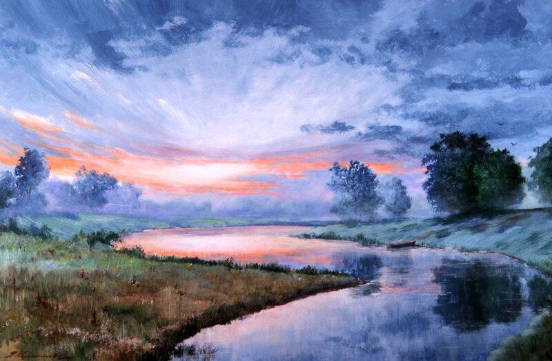 River at Sunset — Blue, Serene, Painting, Sky