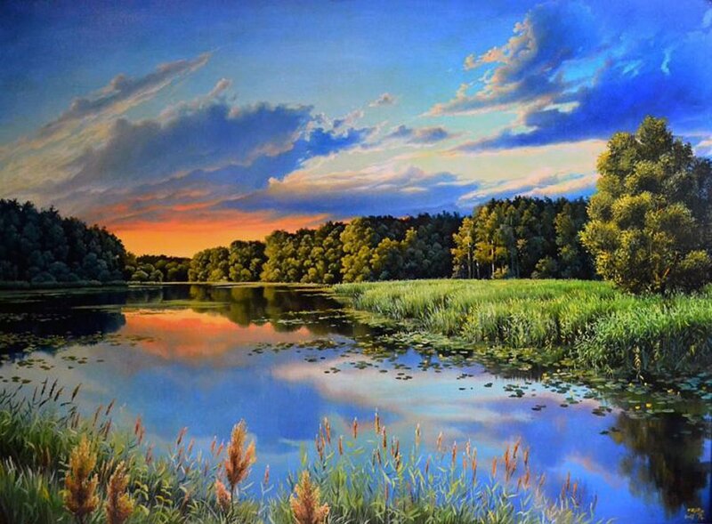 River at Sunset — Blue, Serene, Painting