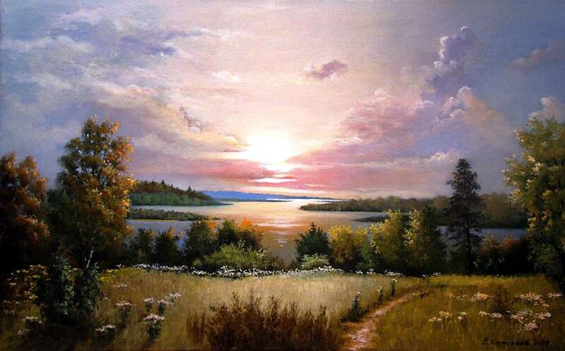 River at Sunset — Blue, Serene, Painting, Trees