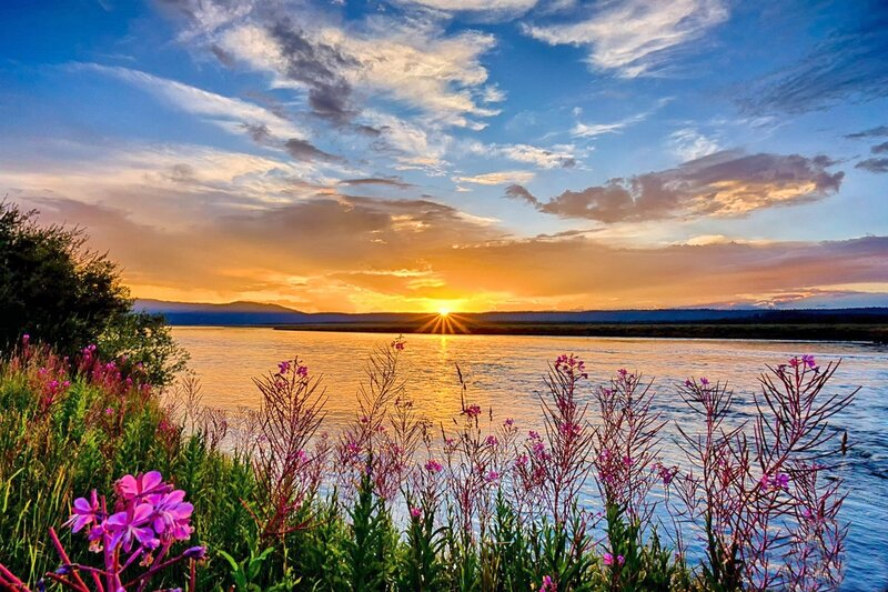 River at Sunset — Blue, Serene, Photograph, Flowers