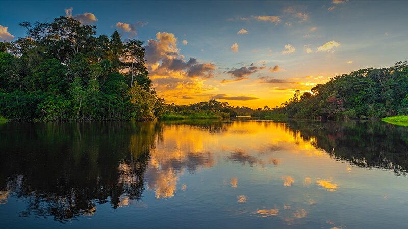 River at Sunset — Blue, Serene, Photograph, Forest, Sky, Clouds