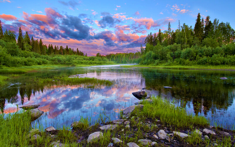 River at Sunset — Blue, Serene, Photograph, Forest