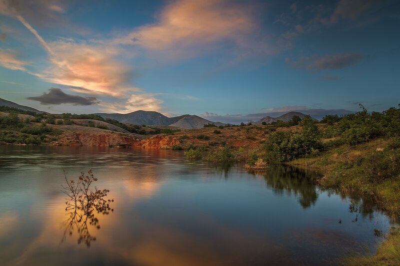 River at Sunset — Blue, Serene, Photograph, Mountains, Clouds