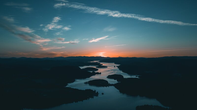 River at Sunset — Blue, Serene, Photograph, Mountains, Sky