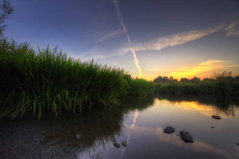 River at Sunset — Blue, Serene, Photograph, Reeds