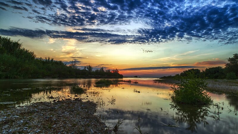 River at Sunset — Blue, Serene, Photograph, Sky, Clouds, Plants