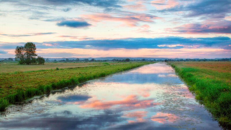 River at Sunset — Blue, Serene, Photograph, Sky, Clouds