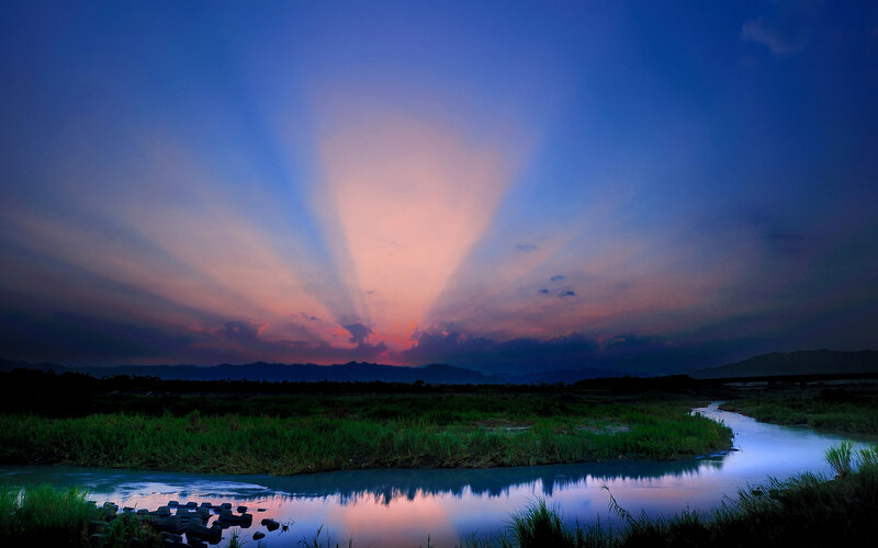 River at Sunset — Blue, Serene, Photograph, Sky, Grass