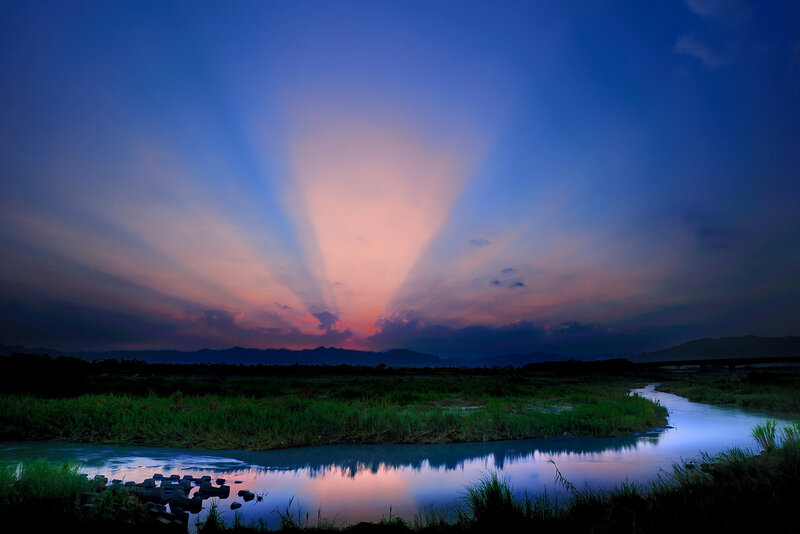 River at Sunset — Blue, Serene, Photograph, Sky, Mountains
