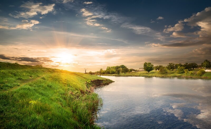 River at Sunset — Blue, Serene, Photograph, Sky, Trees, Grass