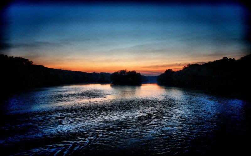River at Sunset — Blue, Serene, Photograph, Sky, Trees, Island