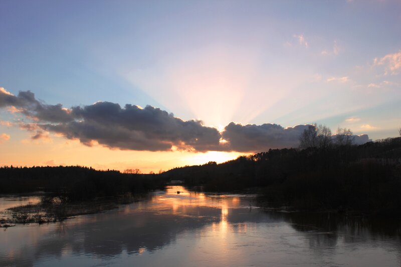River at Sunset — Blue, Serene, Photograph, Sun, Clouds