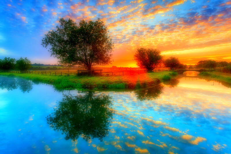 River at Sunset — Blue, Serene, Photograph, Tree, Bridge
