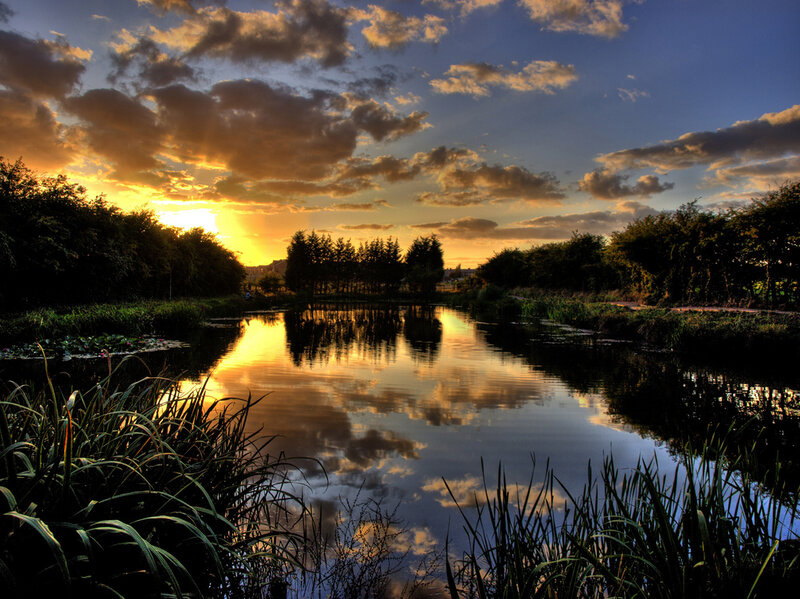 River at Sunset — Blue, Serene, Photograph, Trees, Clouds