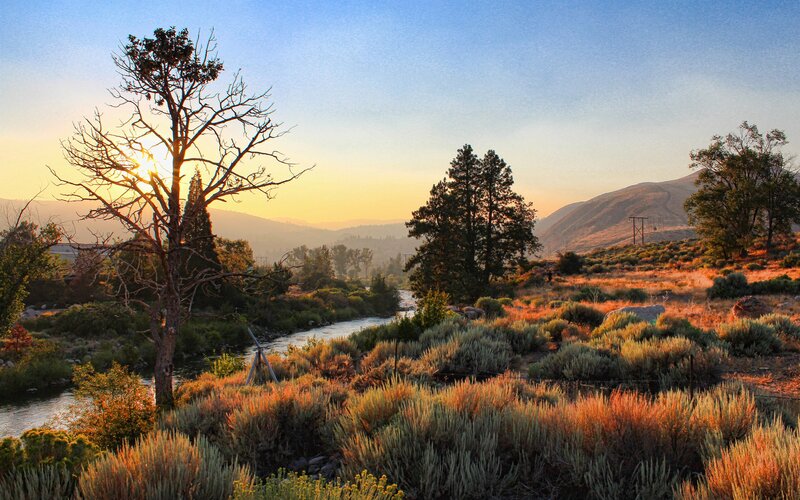 River at Sunset — Blue, Serene, Photograph, Trees, Mountains, Sun