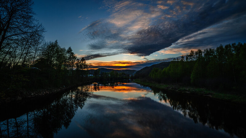 River at Sunset — Blue, Serene, Photograph, Trees, Mountains